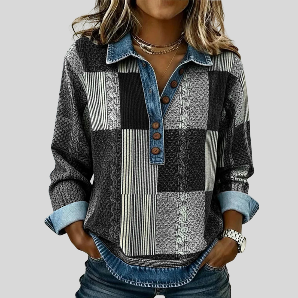 Martina | Felpa Patchwork in Fantasia Denim con Colletto