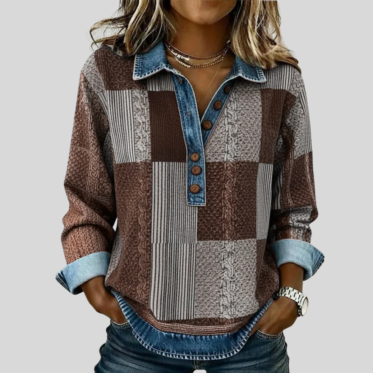 Martina | Felpa Patchwork in Fantasia Denim con Colletto