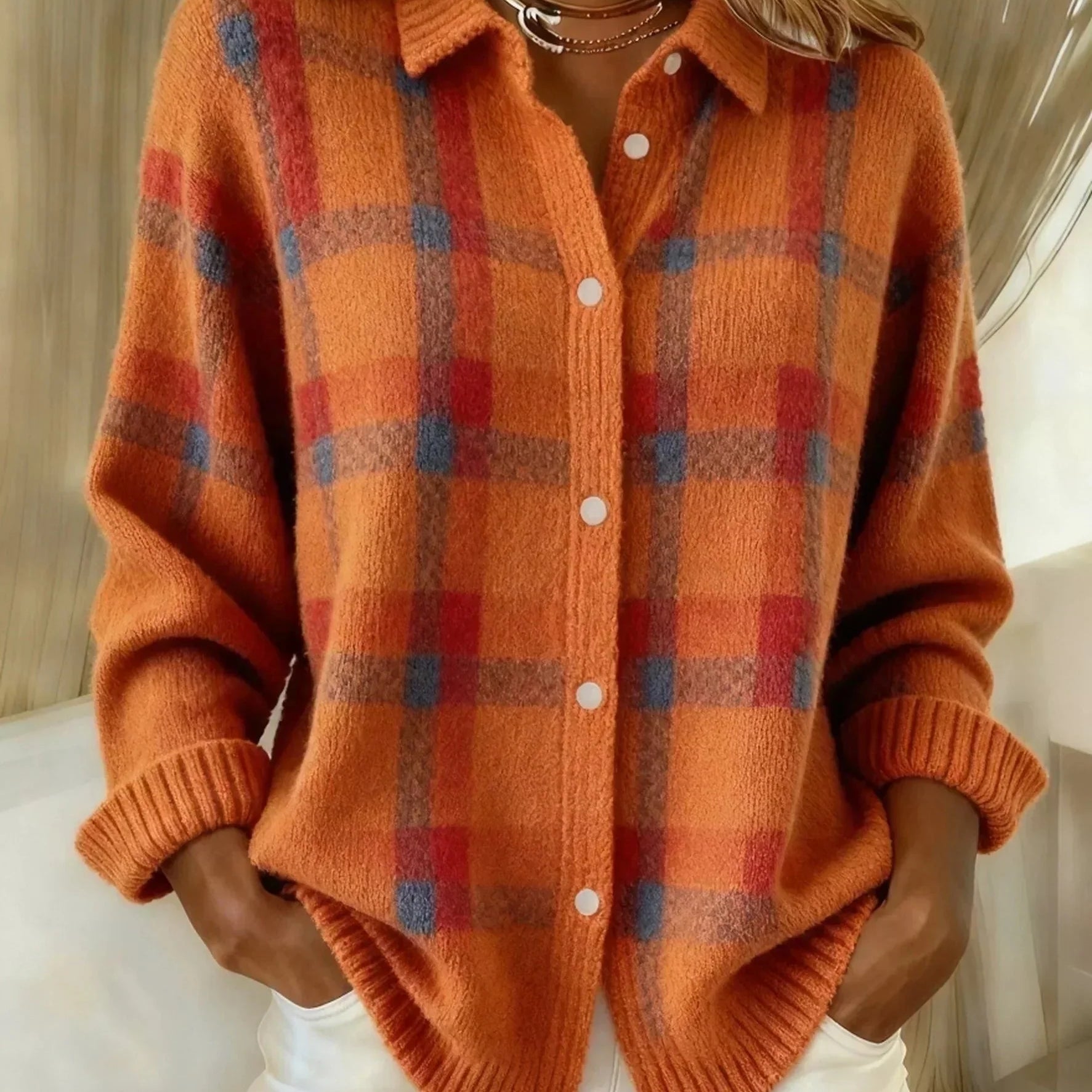 Anna - Maglione retro in lana fatta a mano con contrasto