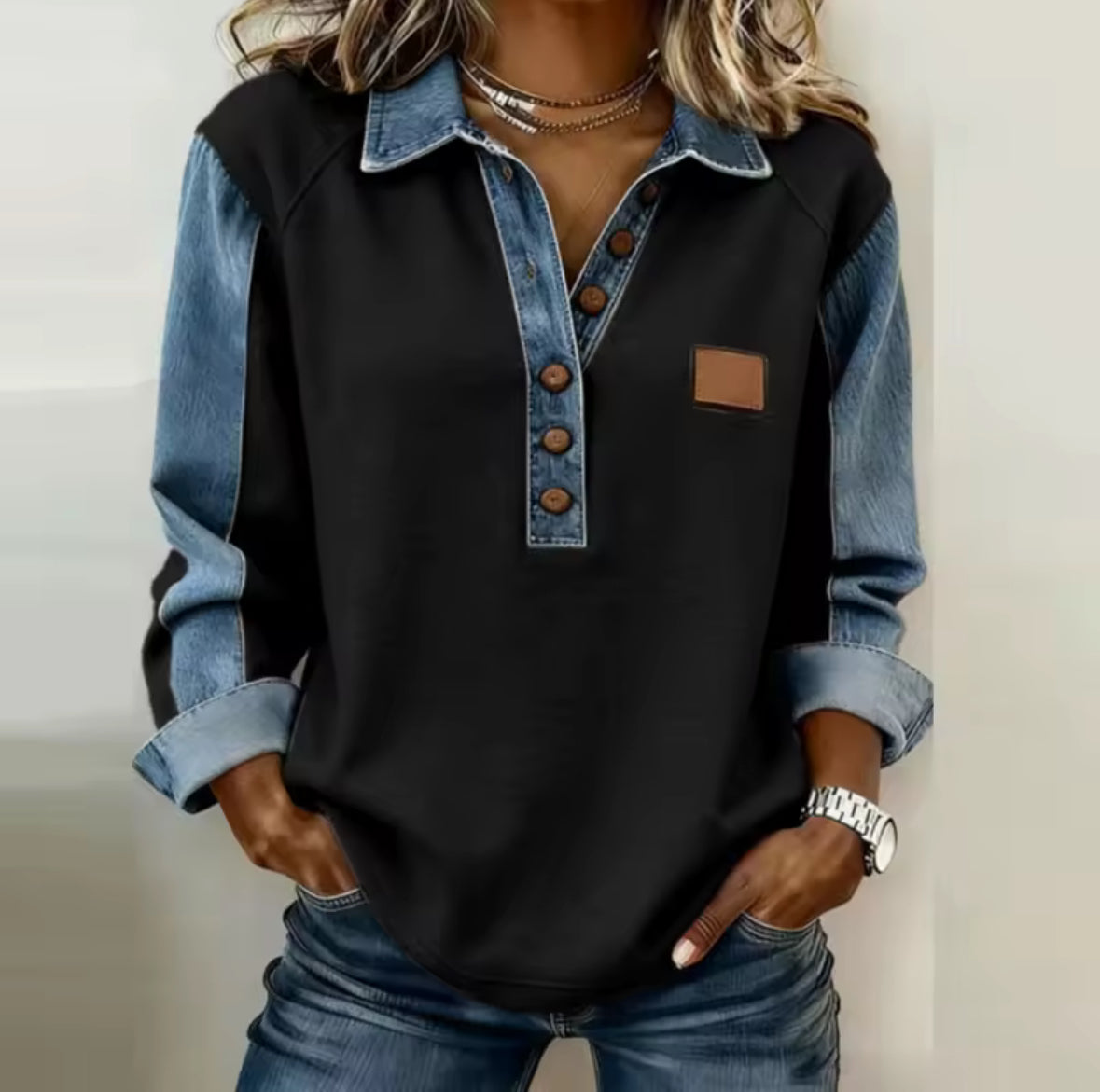 Giorgia | Felpa con Colletto e Inserti in Denim