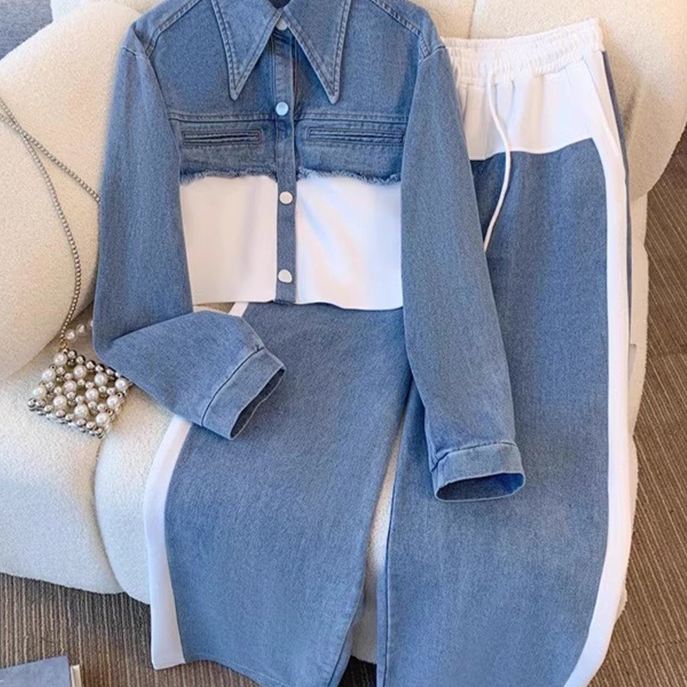 Holbrook™ | Giacca Cropped a Blocco di Colore & Set di Pantaloni a Gamba Larga