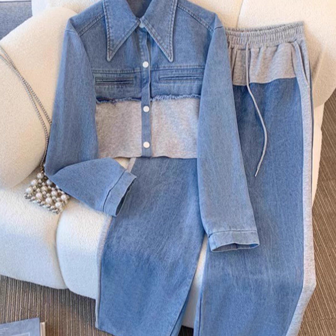 Holbrook™ | Giacca Cropped a Blocco di Colore & Set di Pantaloni a Gamba Larga